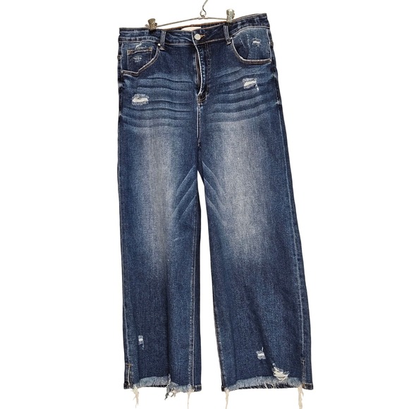 Risen Jeans Womens 1XL Distressed Wide Leg Raw Hem Dark Wash Denim Jeans Comfy - Picture 1 of 9